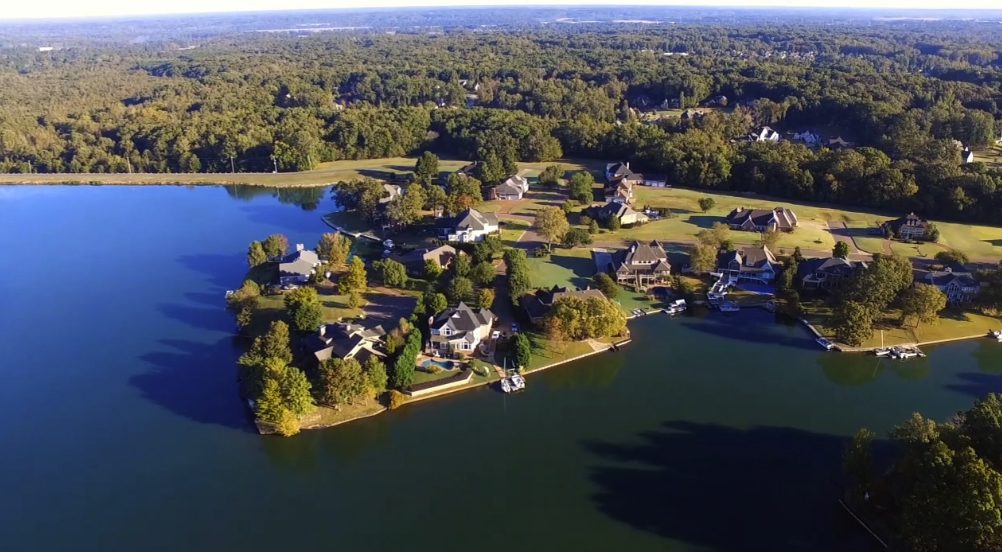 Aerial view of lakeside homes